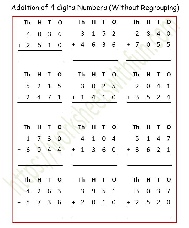 Maths Class 4 Addition Of 4 Digits Numbers Without Regrouping Worksheet 2